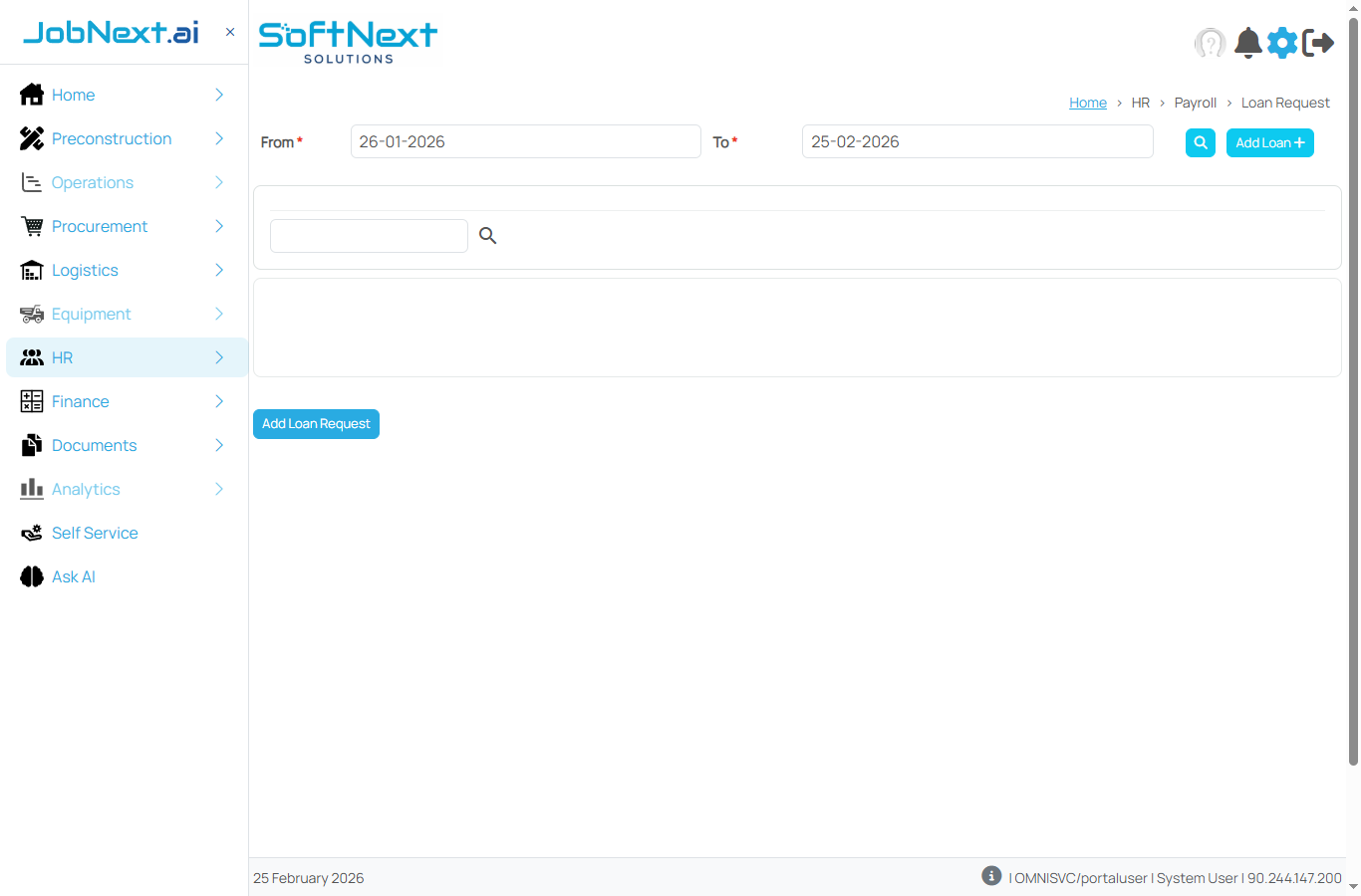 Loan Request page showing From/To date filters, search box, Add Loan button, and Add Loan Request button