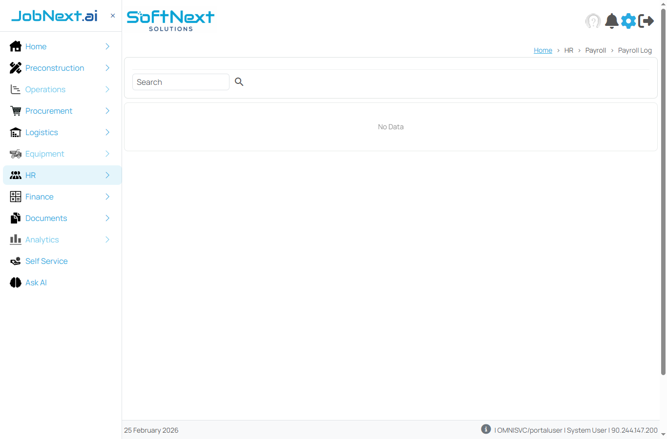 Payroll Log page showing search box and empty grid with No Data message