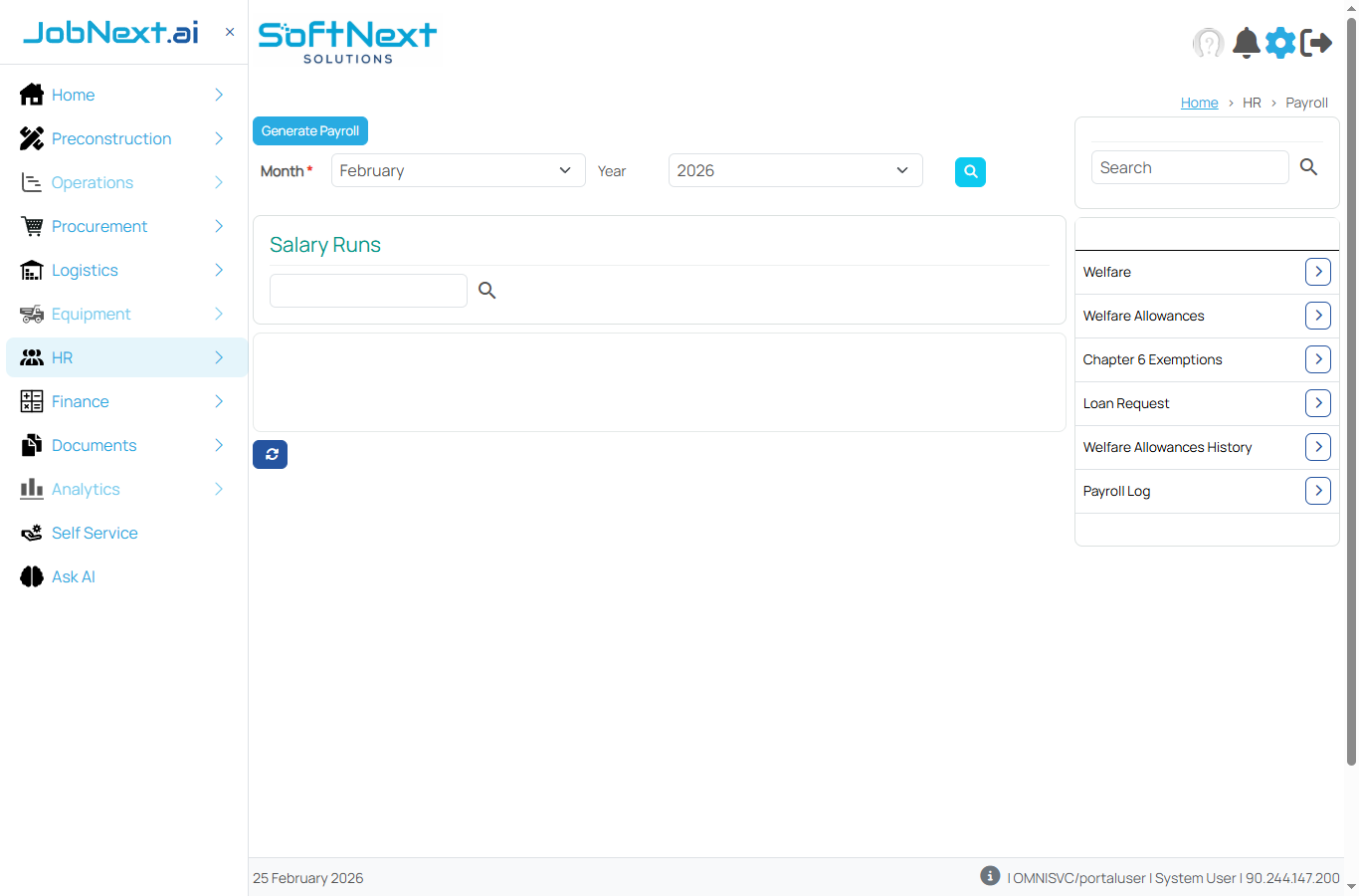 Payroll main page showing Generate Payroll button, Month/Year filters, Salary Runs grid, and right sidebar with Welfare, Welfare Allowances, Chapter 6 Exemptions, Loan Request, Welfare Allowances History, and Payroll Log links
