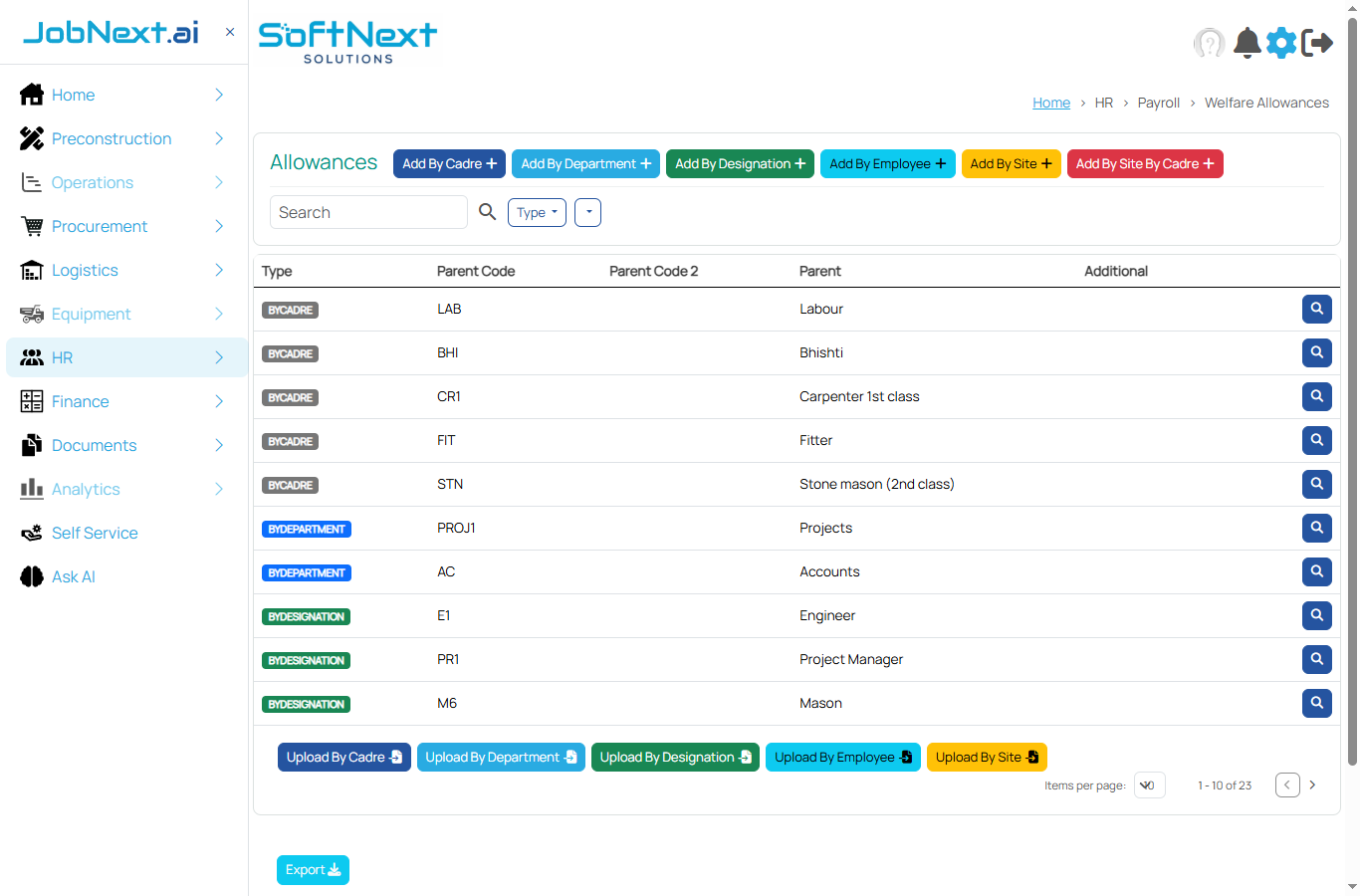 Welfare Allowances page showing six assignment methods: By Cadre, By Department, By Designation, By Employee, By Site, By Site By Cadre, with Add and Upload buttons for each