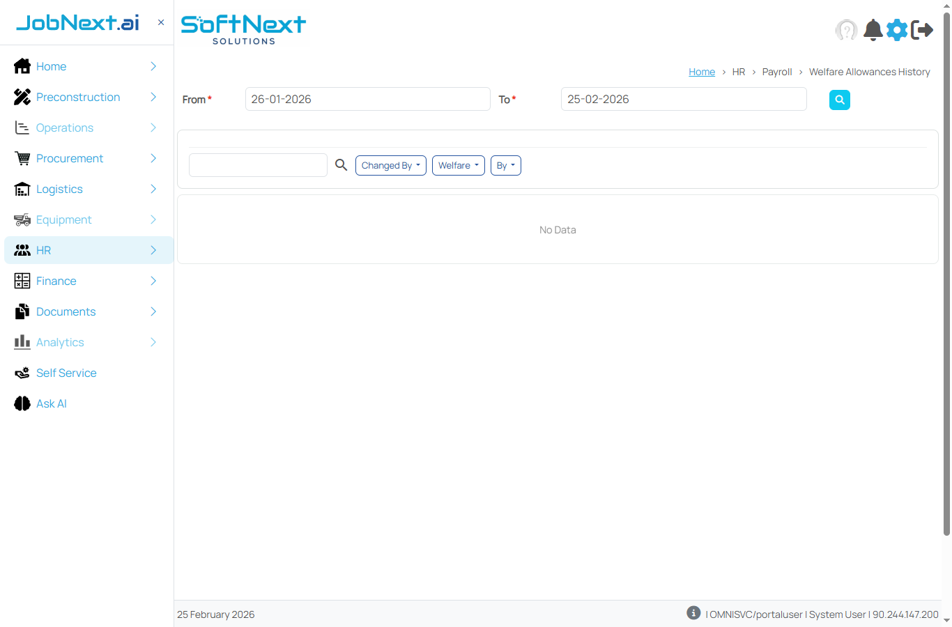 Welfare Allowances History page with From/To date filters, Changed By dropdown, Welfare dropdown, and By dropdown filters