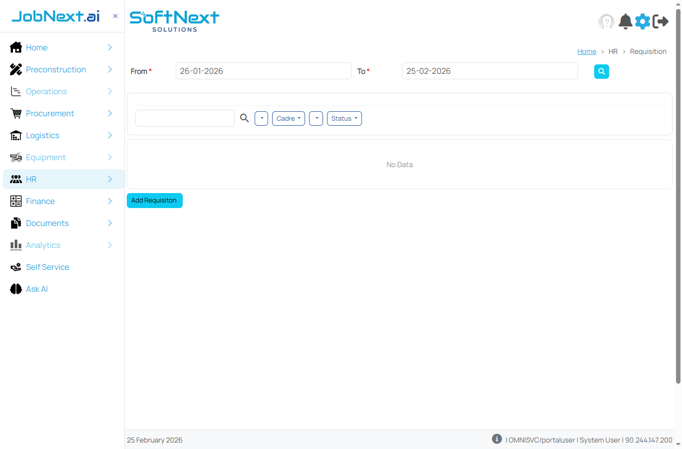 Requisition page showing From/To date filters, Cadre and Status dropdown filters, an empty data grid, and Add Requisition button