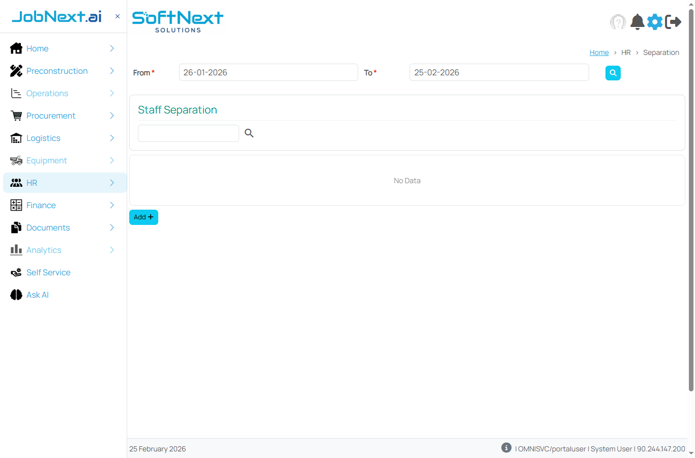 Staff Separation page showing From and To date filters, an empty data grid, and an Add+ button