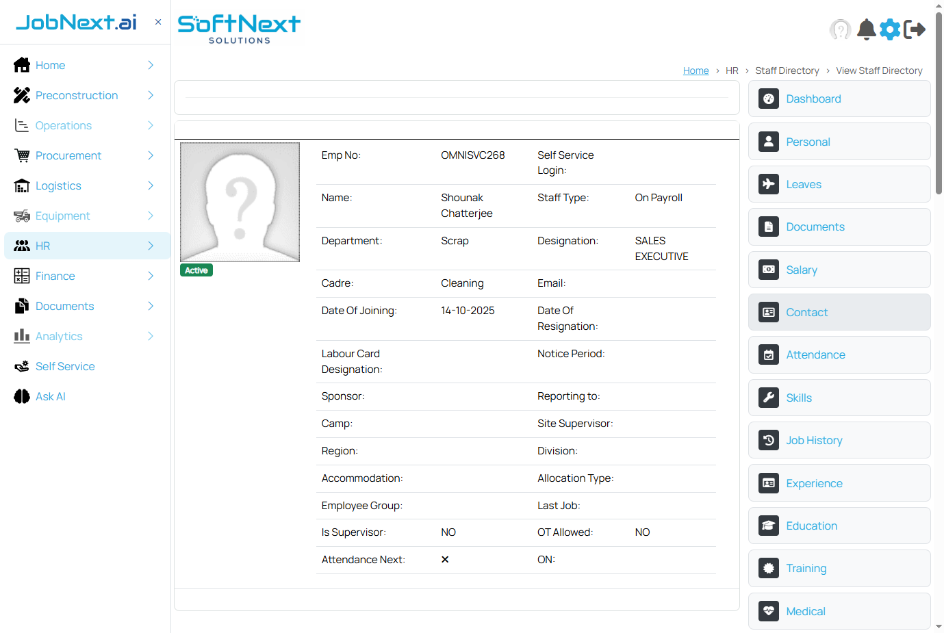 Staff Directory detail view showing the employee master data card on the left with photo, status badge, and key fields, and the 17 sub-page navigation sidebar on the right with icons for Dashboard, Personal, Leaves, Documents, Salary, Contact, Attendance, Skills, Job History, Experience, Education, Training, Medical, Visa and Immigration, Dependents, Status History, and Fixed Assets.