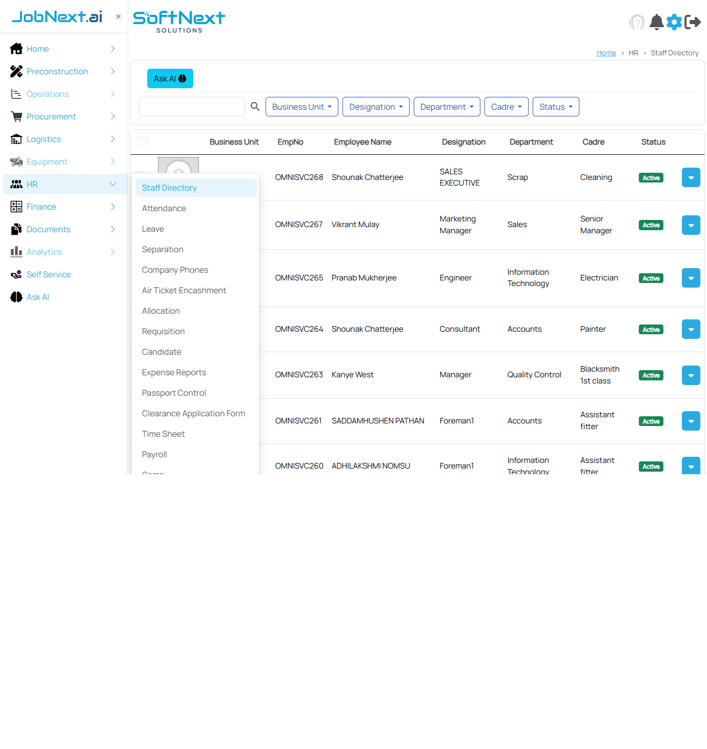 Staff Directory listing page showing employee grid with columns for Photo, Business Unit, EmpNo, Employee Name, Designation, Department, Cadre, and Status. Filter dropdowns for Business Unit, Designation, Department, Cadre, and Status are shown at the top along with a search bar and Ask AI button.