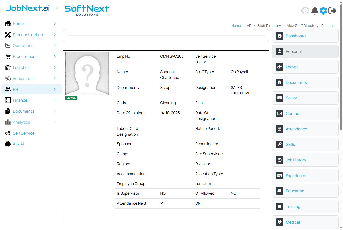 Staff Personal sub-page showing fields for First Name, Last Name, Father Name, Gender, Marital Status, Date of Birth, Nationality, State, Blood Group, and more