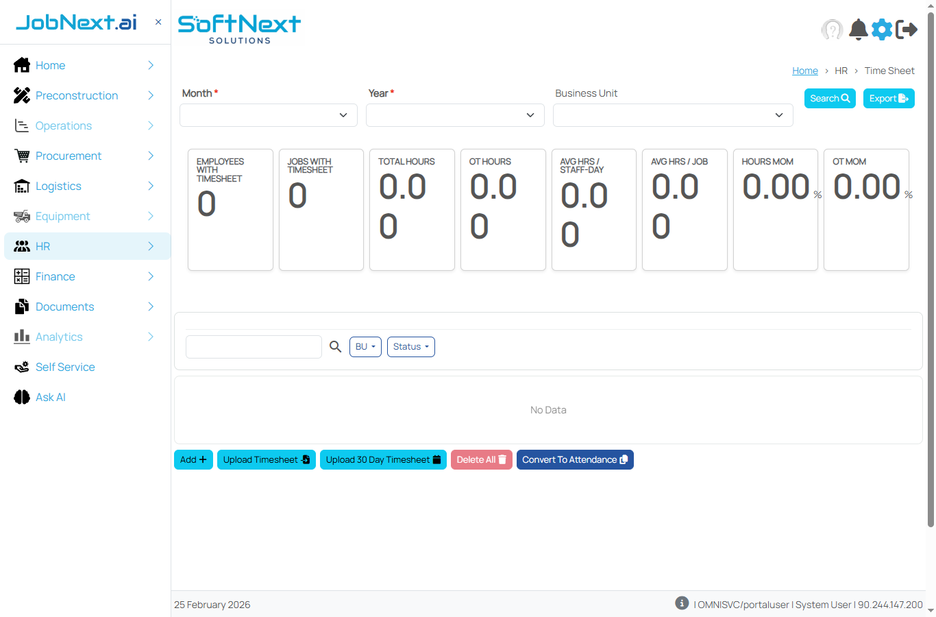 Timesheet dashboard showing analytics cards (Employees with Timesheet, Jobs with Timesheet, Total Hours, OT Hours, Avg Hrs/Staff-Day, Avg Hrs/Job, Hours MOM%, OT MOM%), filters, and data grid with action buttons