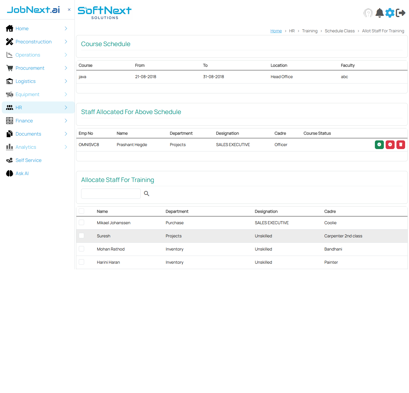 Allot Staff For Training page showing Course Schedule details, Staff Allocated For Above Schedule with status actions, and Allocate Staff For Training with a searchable staff list and Allocate Staff button