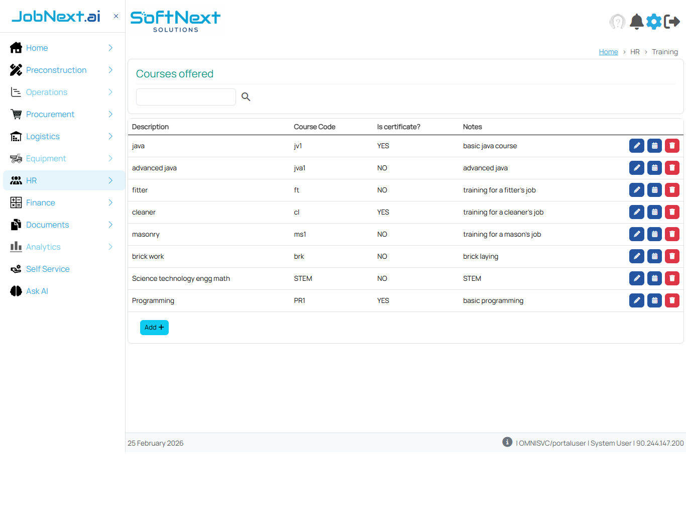 Training page showing Courses offered grid with Description, Course Code, Is certificate?, and Notes columns, plus Add button and row action icons (Edit, Schedule Class, Delete)