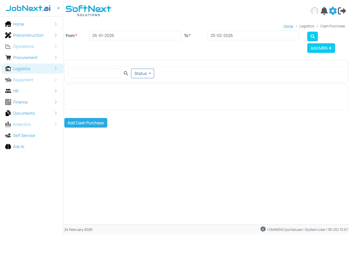 Cash Purchase list view with search bar and status filter