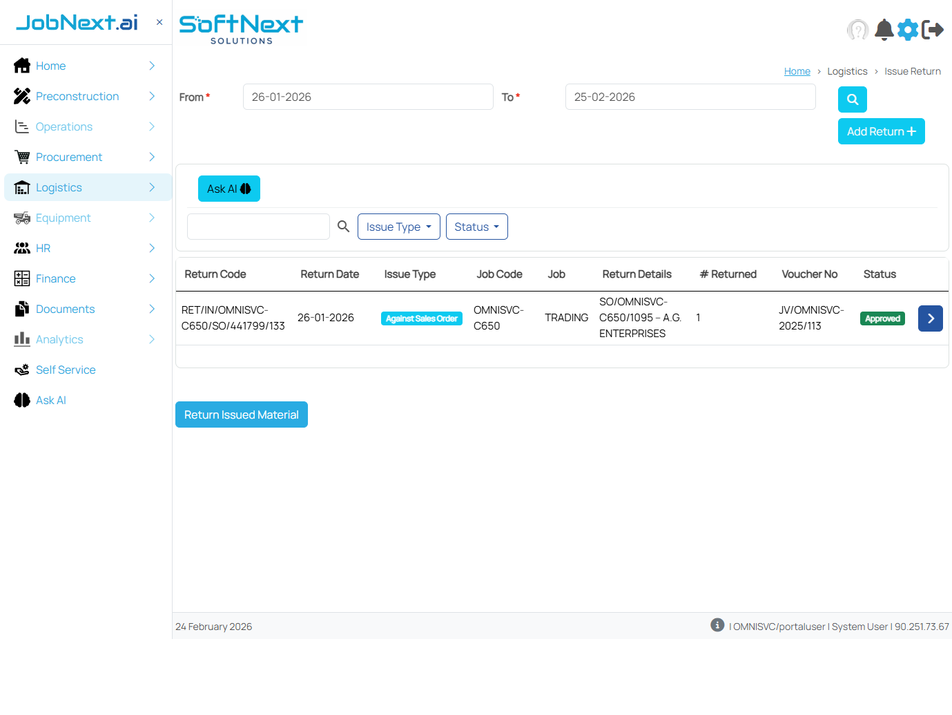 Issue Return list view showing columns for Return Code, Return Date, Issue Type, Job Code, Job, Return Details, # Returned, Voucher No, and Status