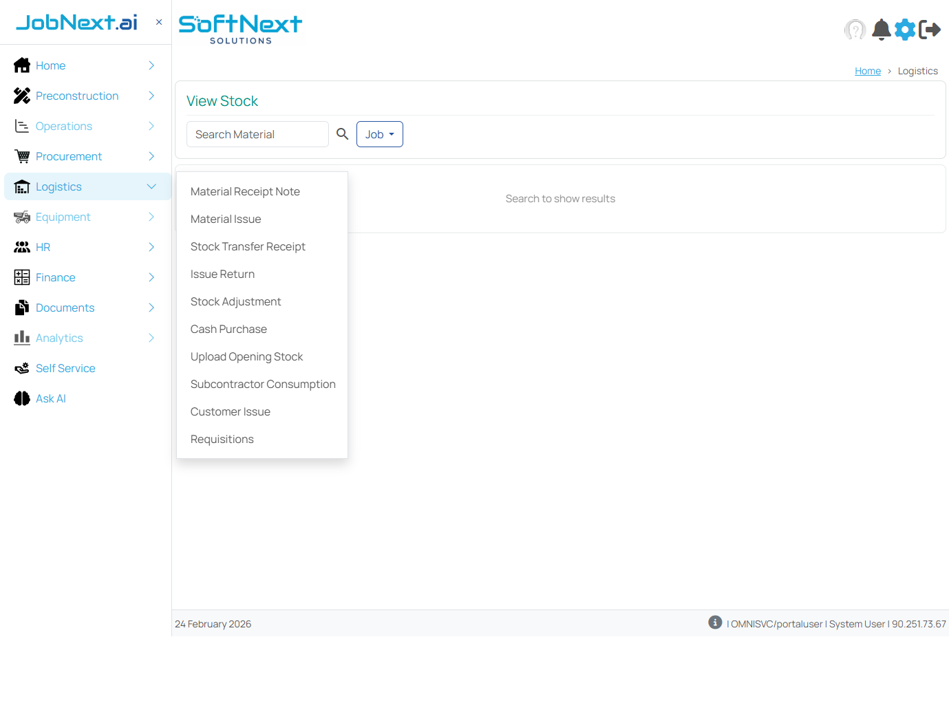 Logistics module landing page showing View Stock search with the sidebar expanded to reveal all 10 sub-modules