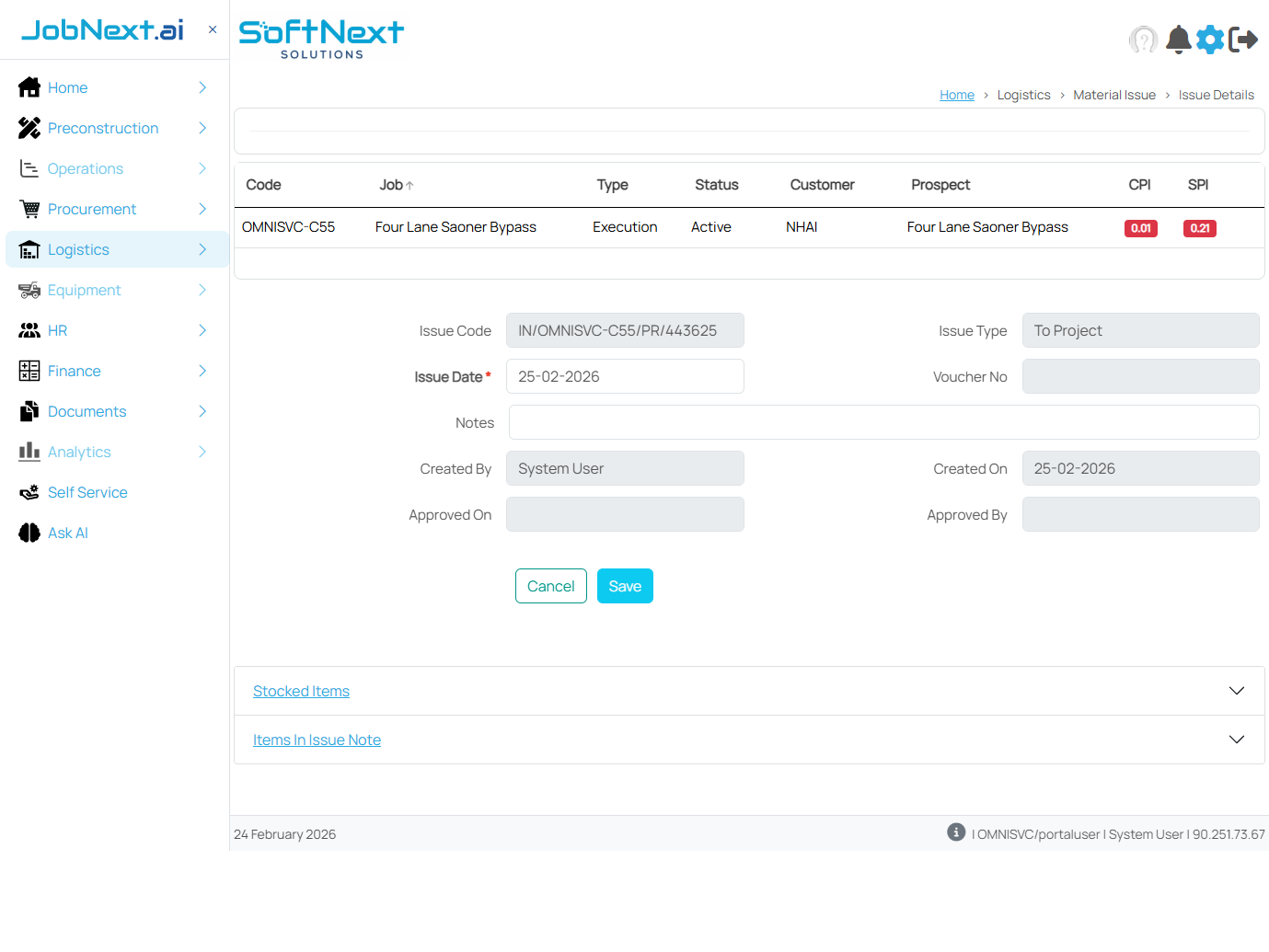 Material Issue detail form showing job information at top and issue header fields: Issue Code, Issue Type, Issue Date, Voucher No, Notes, Created By, Created On, Approved On, Approved By