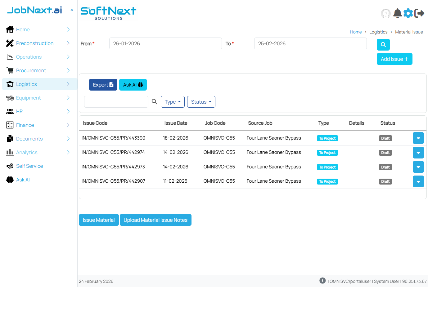 Material Issue list view showing grid with columns for Issue Code, Issue Date, Job Code, Source Job, Type, Details, and Status