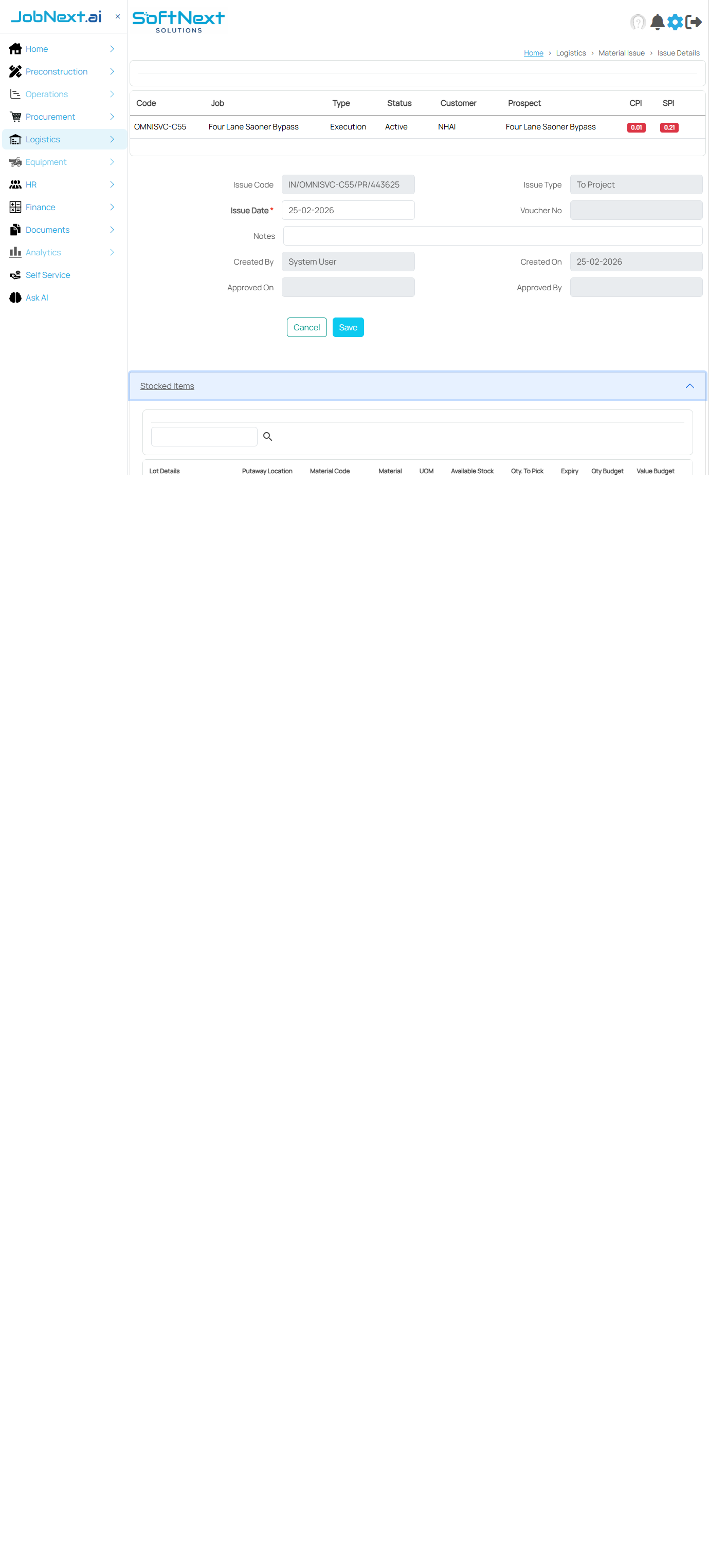 Stocked Items grid showing columns for Lot Details, Putaway Location, Material Code, Material, UOM, Available Stock, Qty To Pick, Expiry, Qty Budget, and Value Budget with a + button to add items