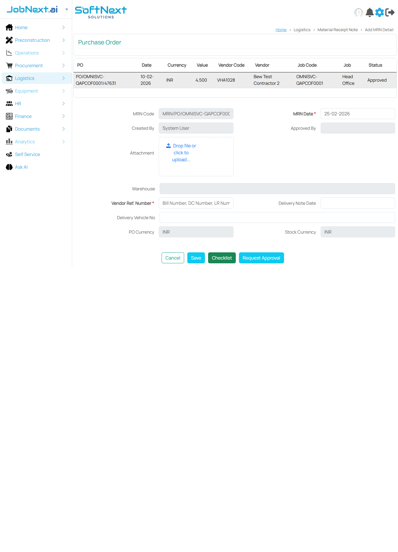 MRN detail form showing Purchase Order summary at top, MRN header fields in the middle, and Items in PO grid at the bottom
