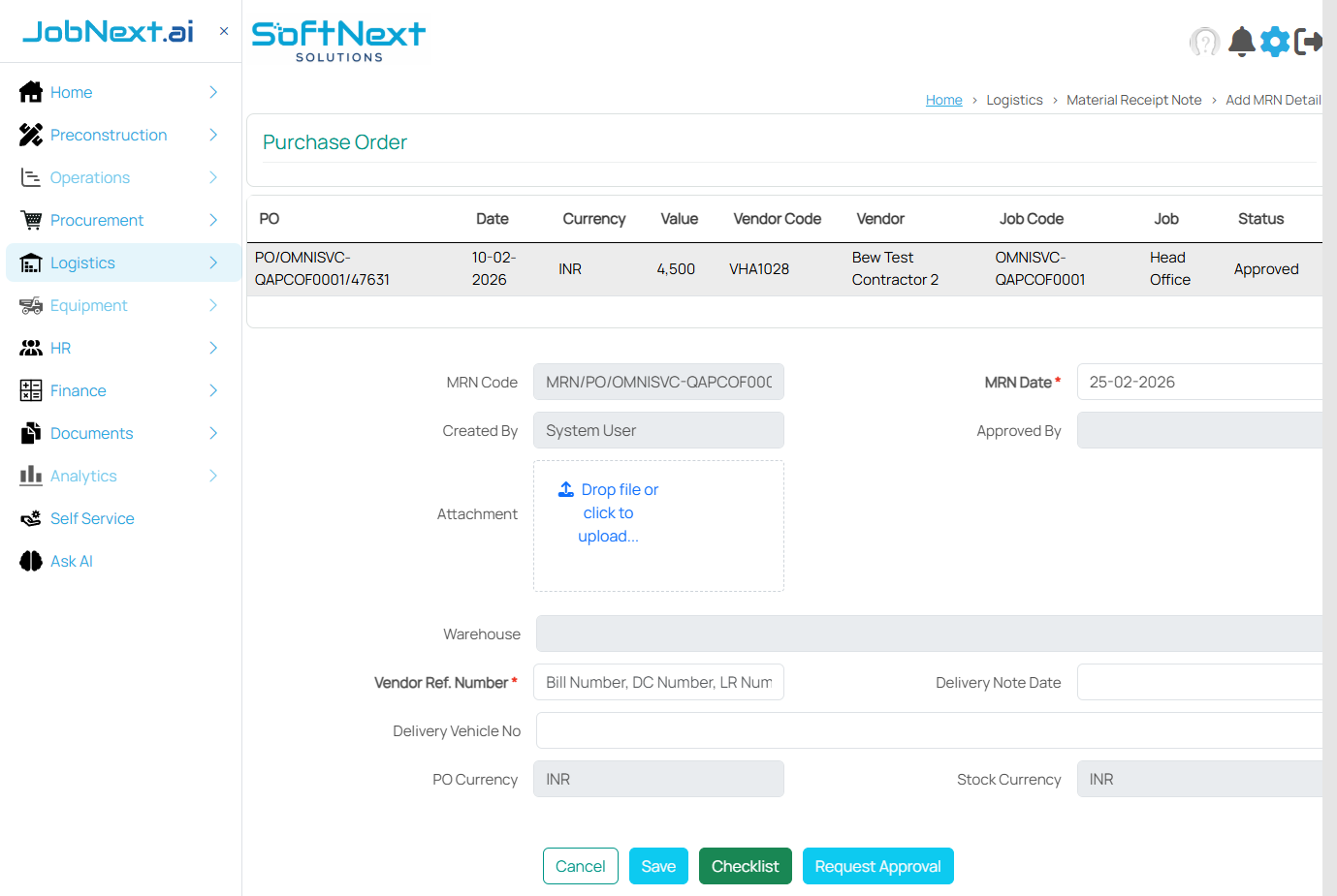 Items in PO grid showing columns for Select, Item, Order UOM, Qty Ordered, Balance To Deliver, Conv. Factor, Stock UOM, Delivered, Accepted, Rejected, Expiry, Rejection Reason, Notes, and Putaway