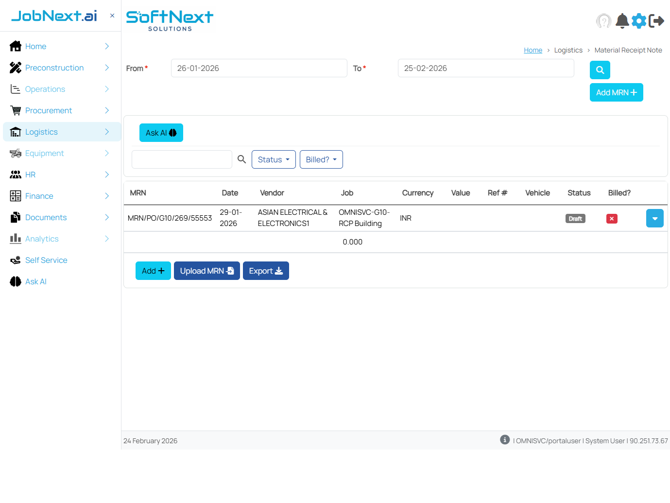 MRN list view showing grid with columns for MRN code, date, vendor, job, currency, value, reference number, vehicle, status, and billed status