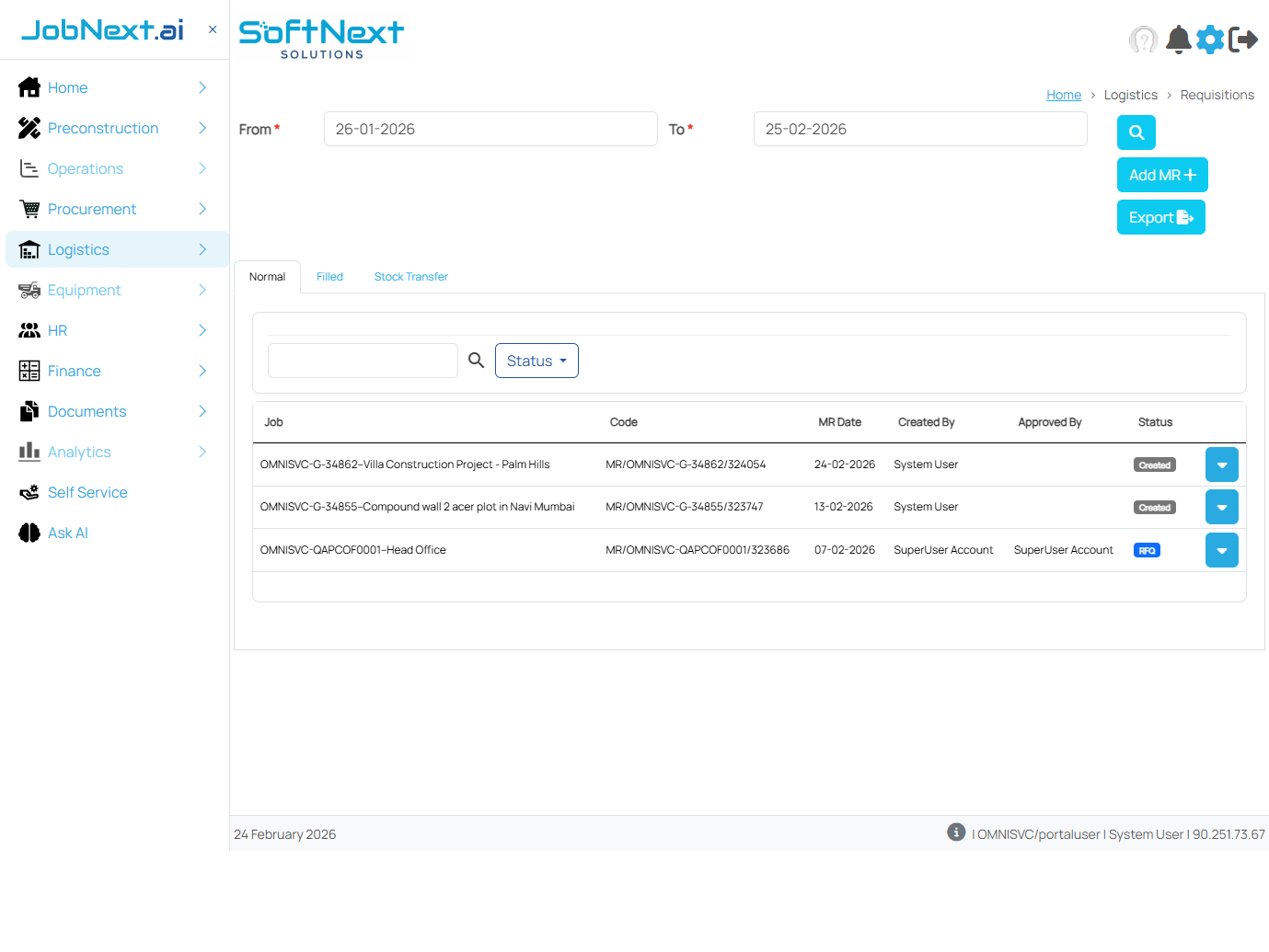 Requisitions list view showing three tabs: Normal, Filled, Stock Transfer, with grid columns for Job, Code, MR Date, Created By, Approved By, and Status