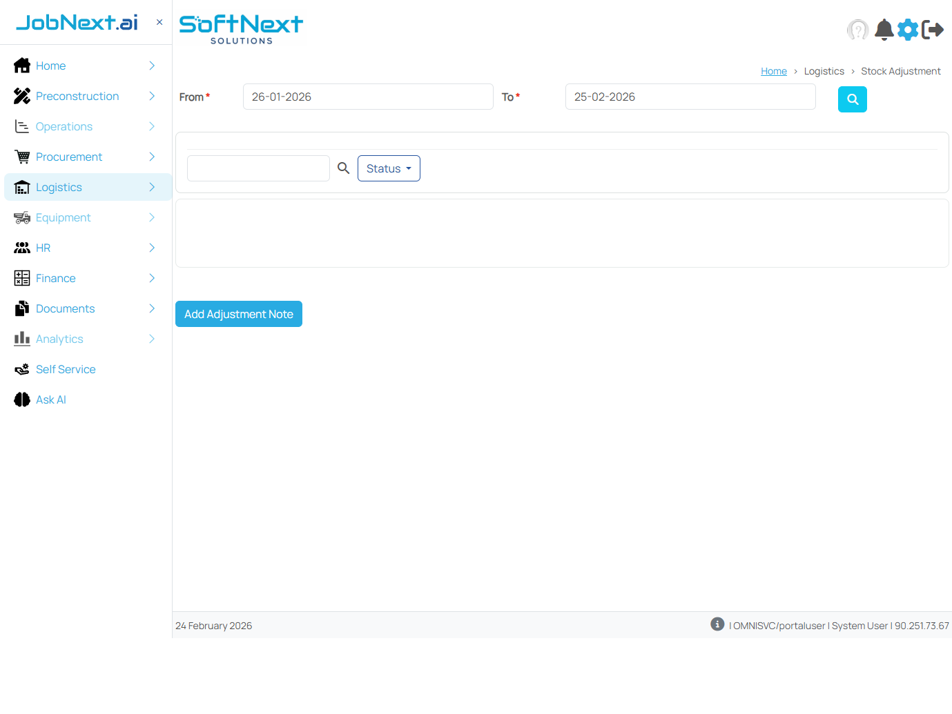 Stock Adjustment list view with search bar and status filter