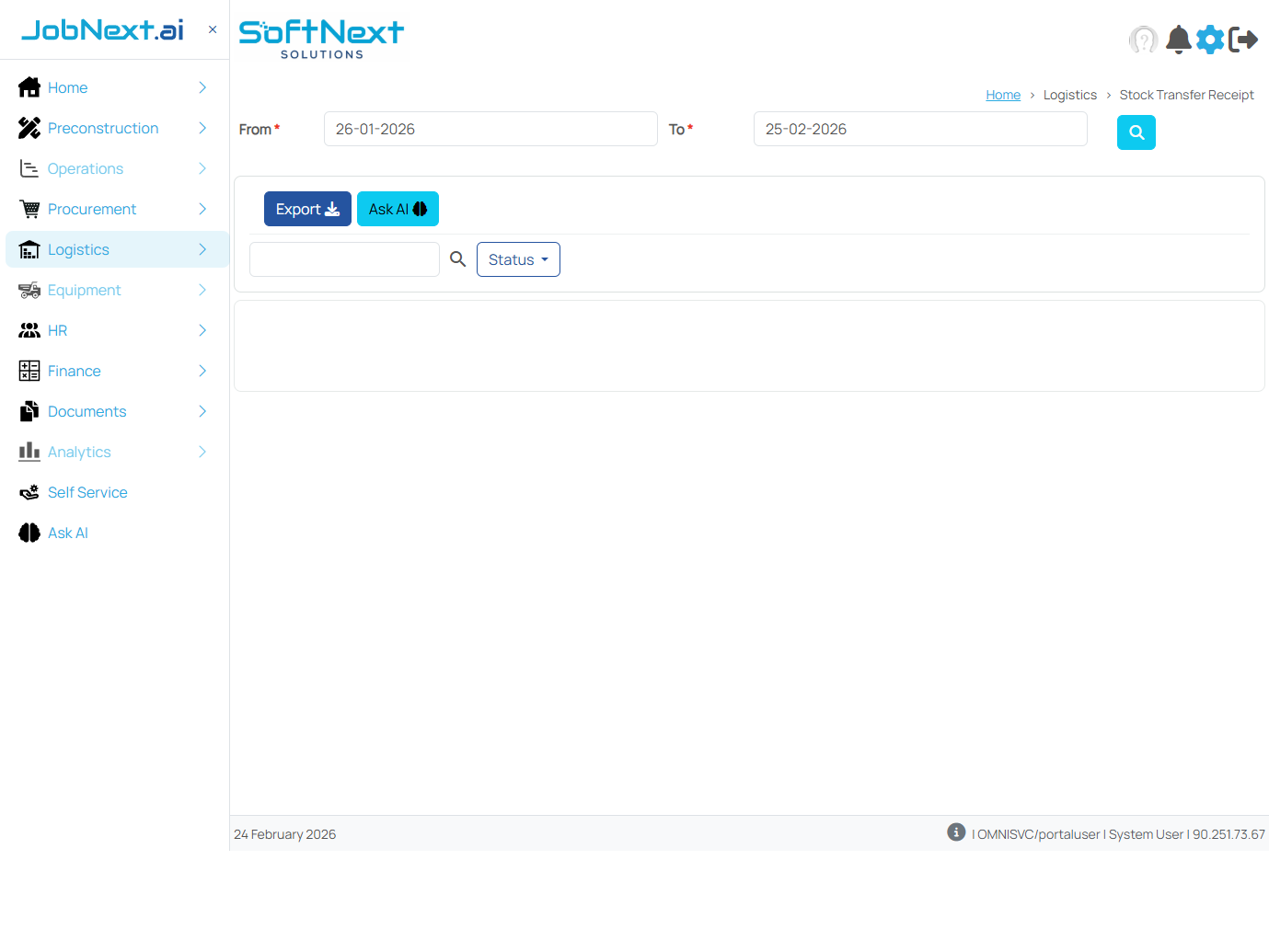 Stock Transfer Receipt list view with search bar and status filter