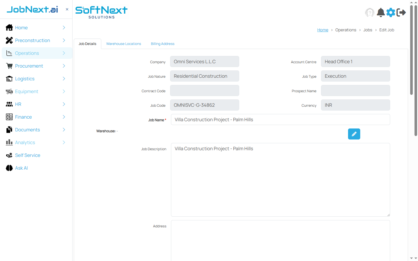 Job edit form showing fields for Nature of Job, Zone, Account Centre, Job Type, Job Name, and Currency
