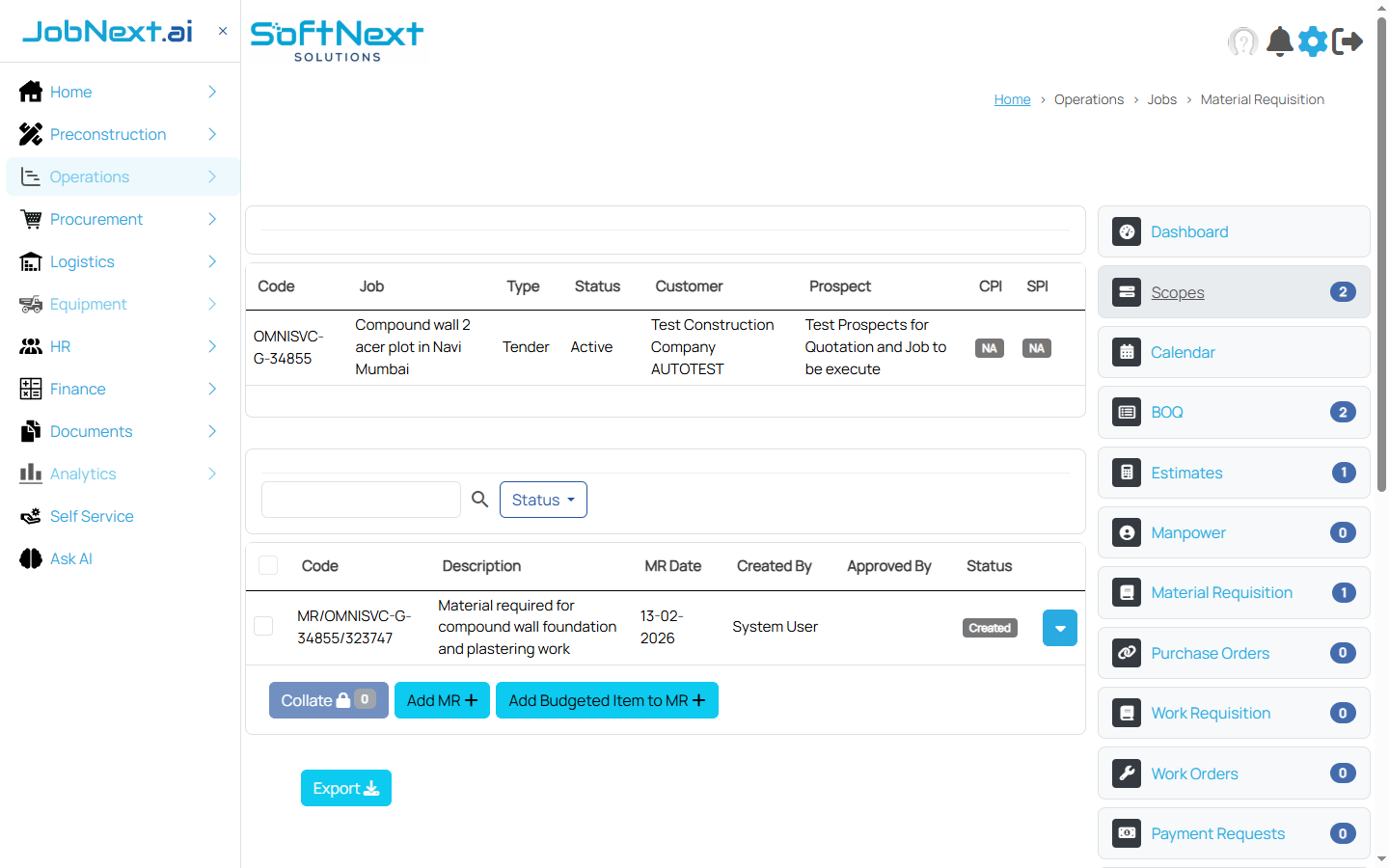 Material Requisition tab showing MR listing with status and action buttons