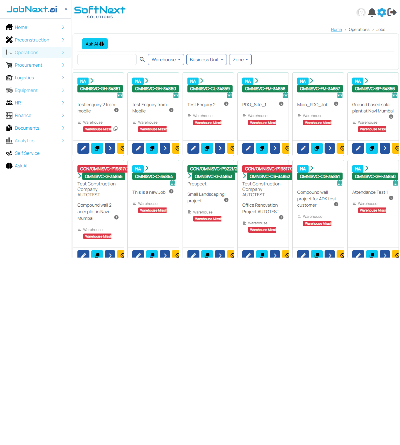 Scheduled rates for a job showing WBS scope activities with UOM, rate per unit, and rate analysis breakdown