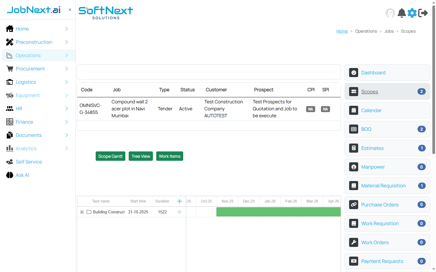 Scopes tab showing Gantt chart view with scope timeline bars