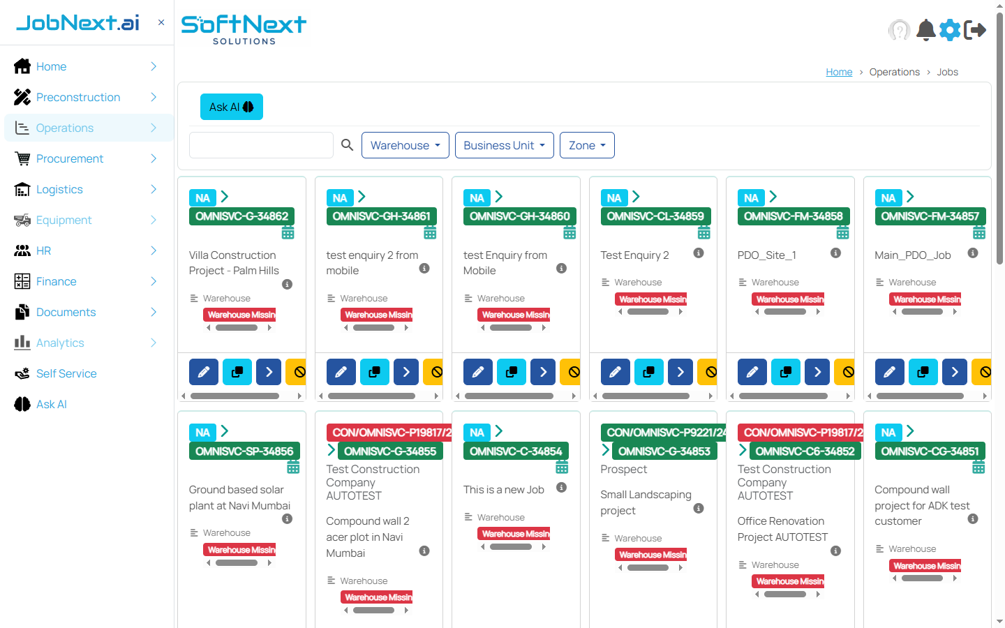 Operations Jobs page showing card-based grid view with job codes, descriptions, warehouse assignments, status badges, and action buttons