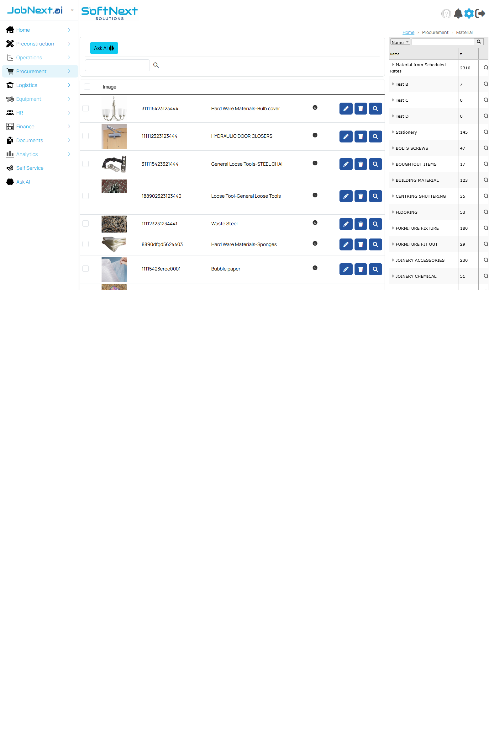 Material Master grid showing category tree on the left with material groups, and material list on the right with codes, names, UOMs, and HSN codes