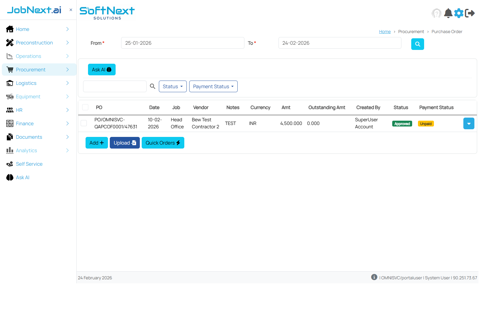 Purchase Orders list showing PO codes, descriptions, vendors, amounts, job codes, and status indicators