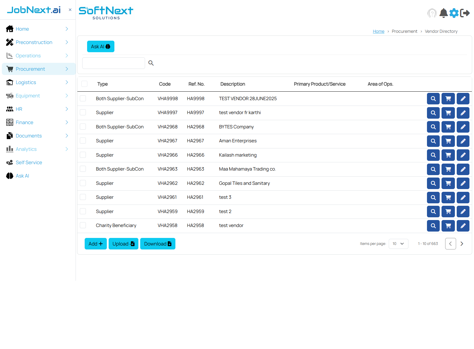 Procurement Dashboard showing KPI cards for cycle times, open requisitions, PO/WO outstanding amounts, and spend trend charts
