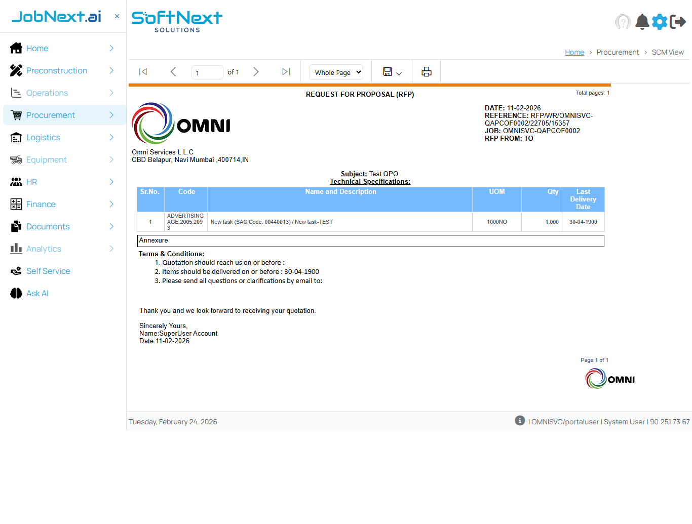 RFP document showing company header, reference number, work scope description, work items grid with quantities and UOM, work location, dates, and terms and conditions