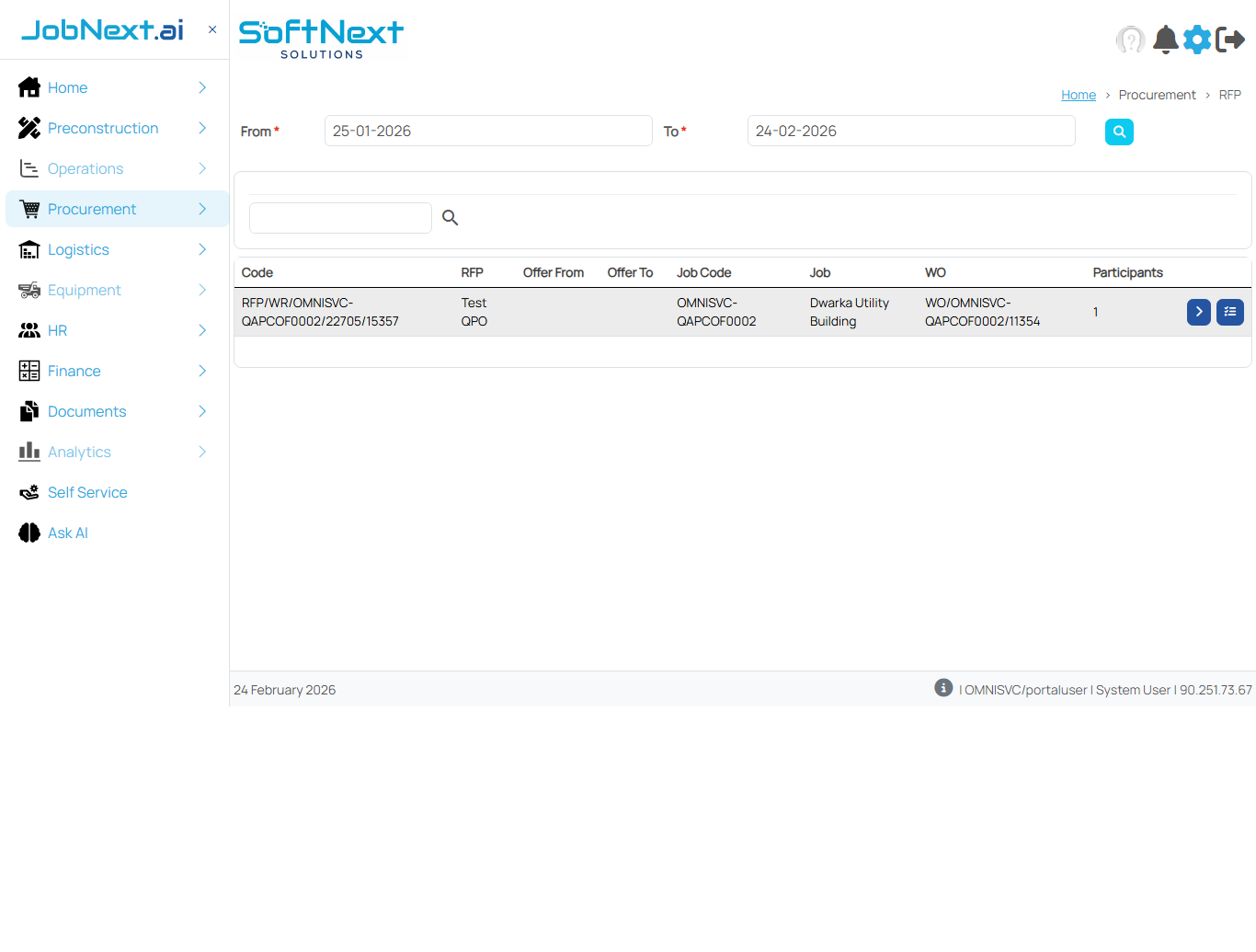 RFP list view showing RFP codes, job names, offer dates, vendor count, status badges, and action buttons