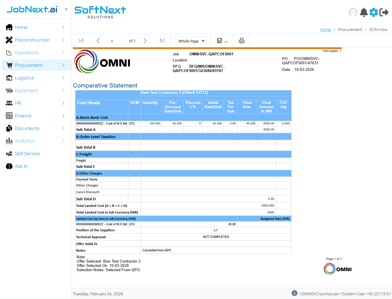 Comparative Statement SSRS report showing vendor offers with cost breakdown including items basic cost, order-level taxation, freight, other charges, and total landed cost with L1/L2 ranking