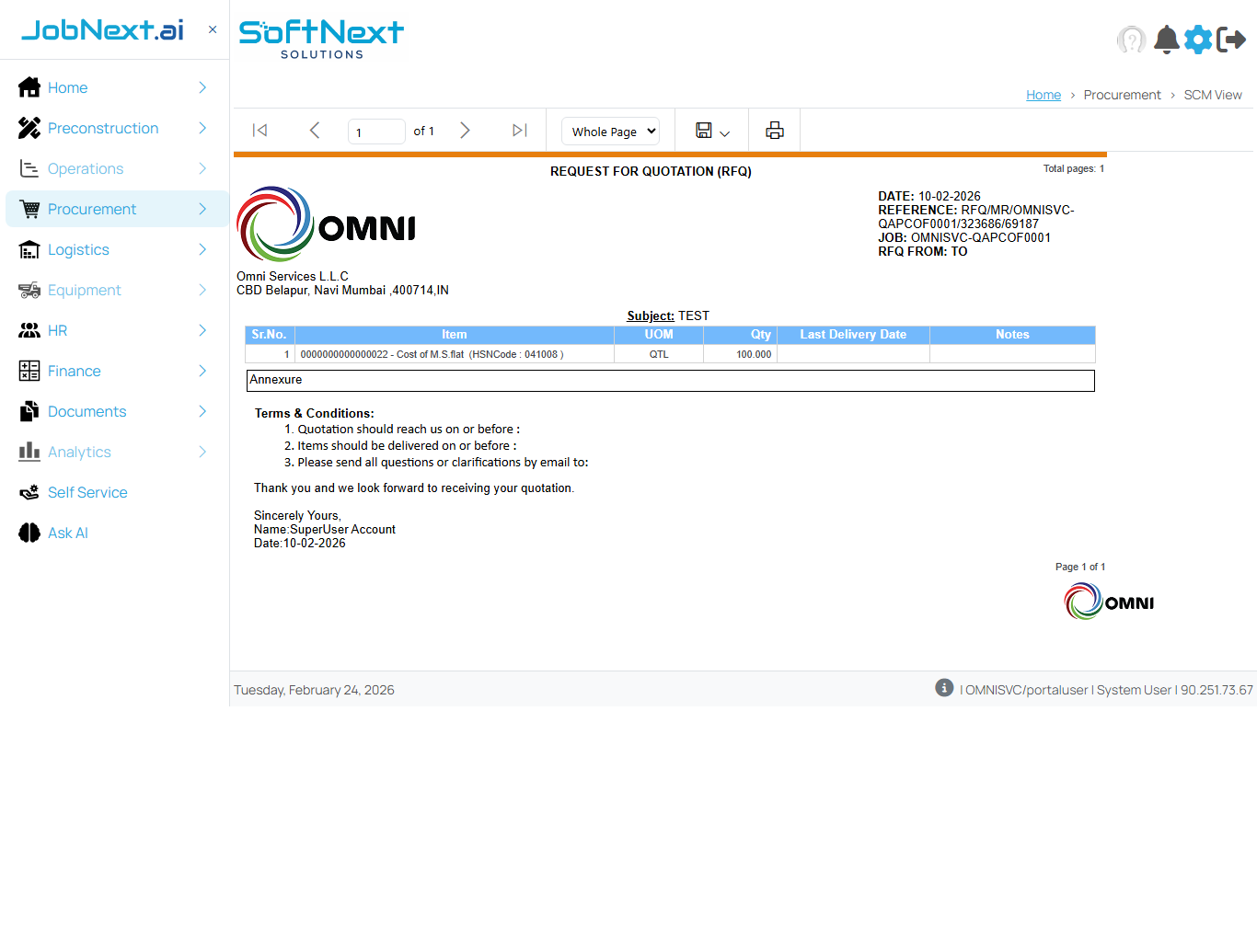 RFQ document showing company header, reference number, subject, items grid with material codes, UOM, quantity, and terms and conditions