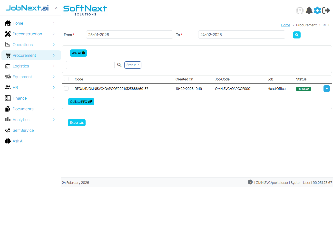 RFQ list showing RFQ codes, creation dates, job codes, job names, status badges, and action dropdown buttons