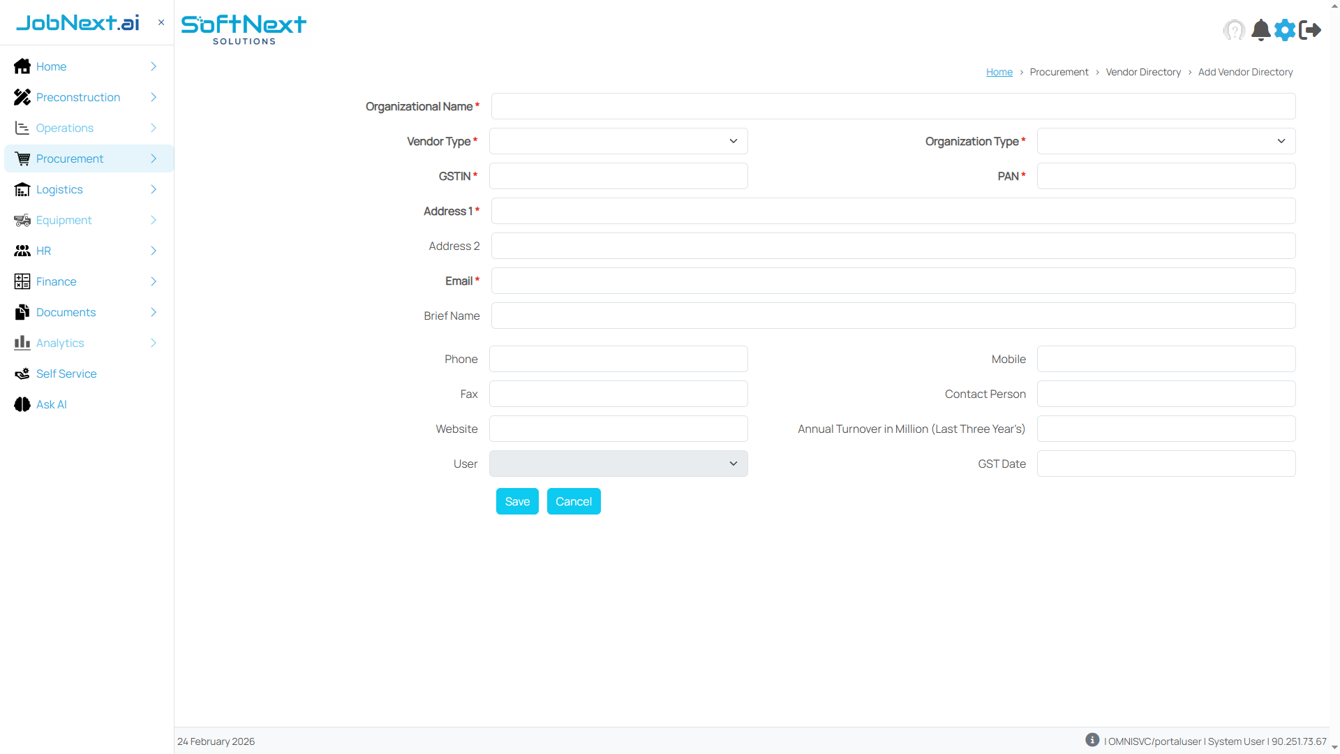 Add Vendor form showing required fields for organizational name, vendor type, organization type, GSTIN, PAN, address, and email
