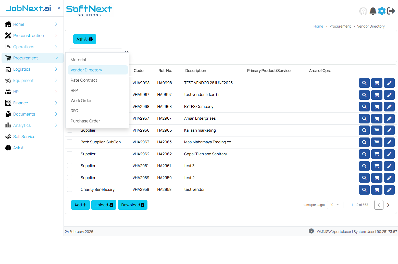 Vendor Directory list showing vendor types, codes, descriptions, and action buttons with pagination showing 663 vendors