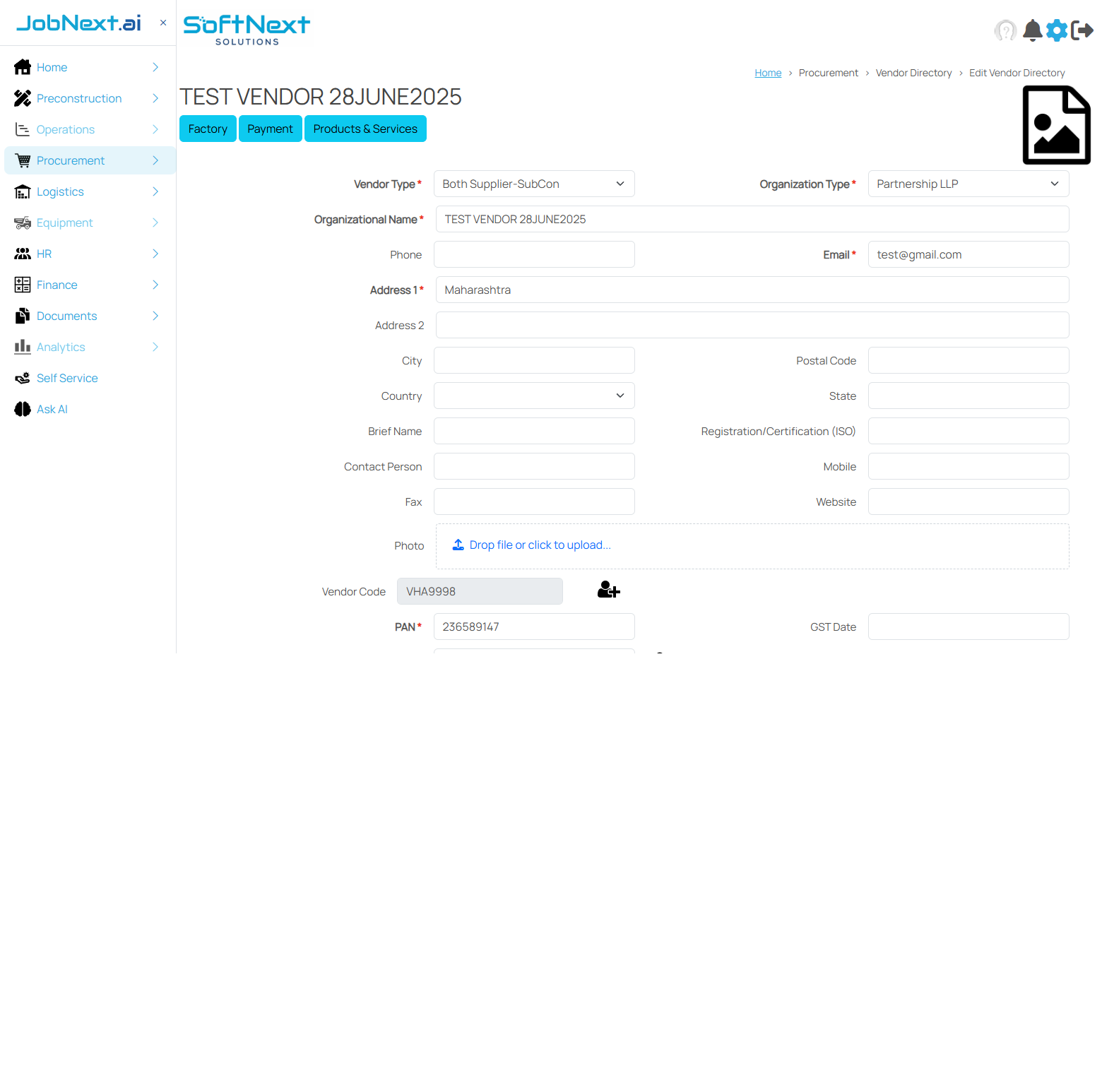 Edit Vendor form with Factory tab showing vendor type, organization type, contact details, address, PAN, and GST fields