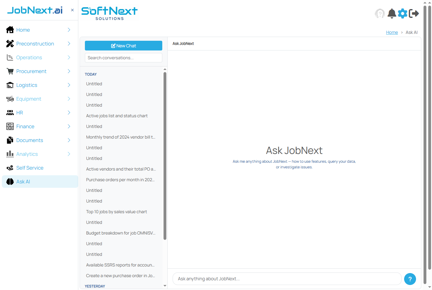 Ask AI chat interface showing conversation history panel and message area