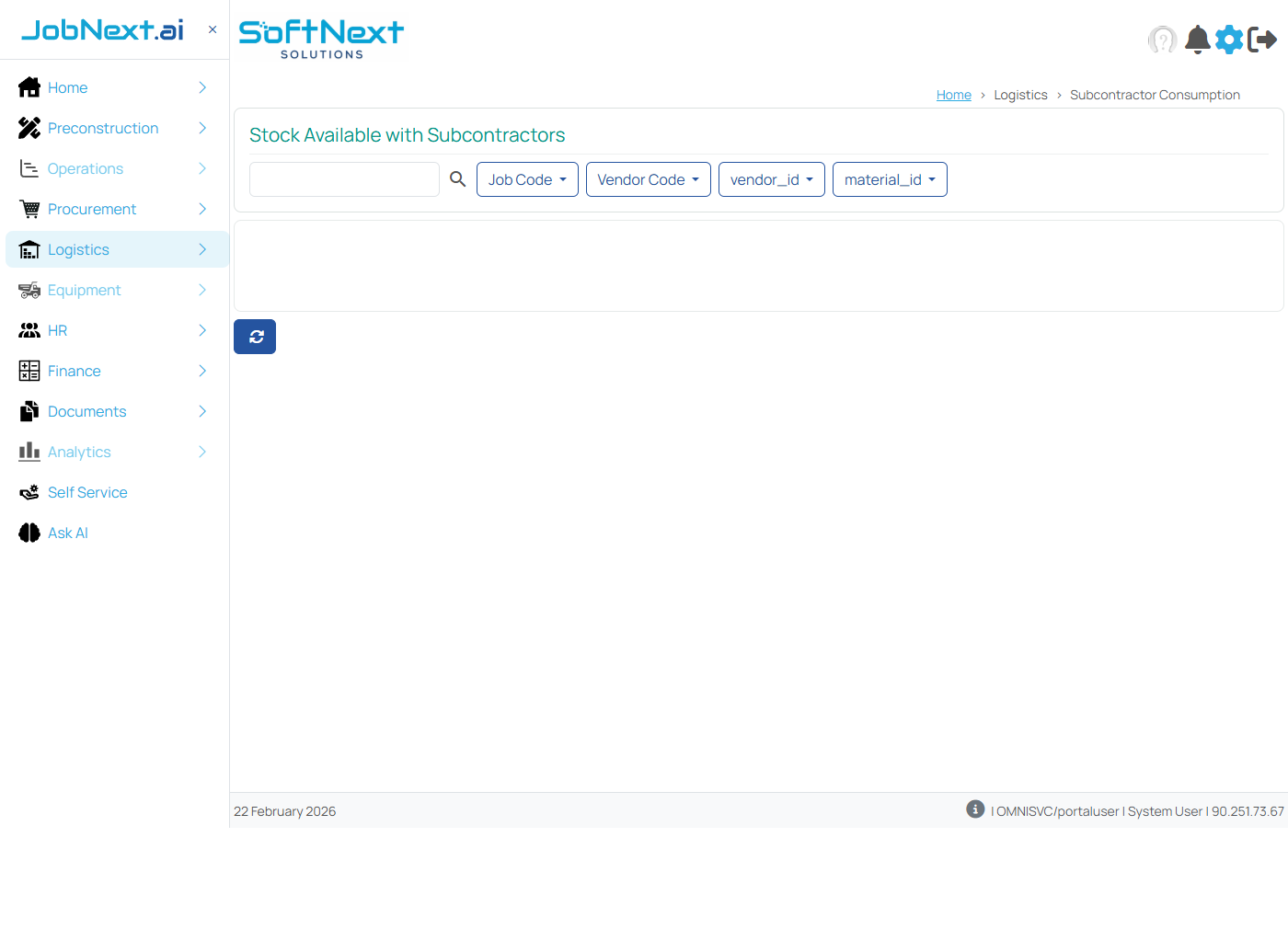 Work Items and consumption tracking page showing work groups, items, budgeted quantities, and consumption details