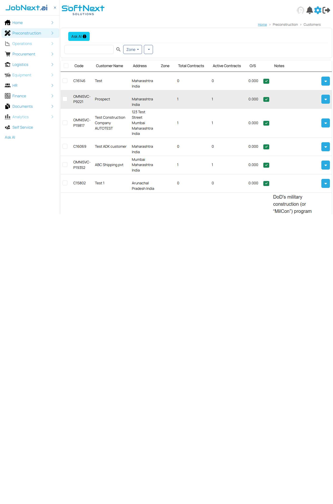 Customer directory showing a list of registered customers with columns for customer code, name, contact person, and number of linked jobs