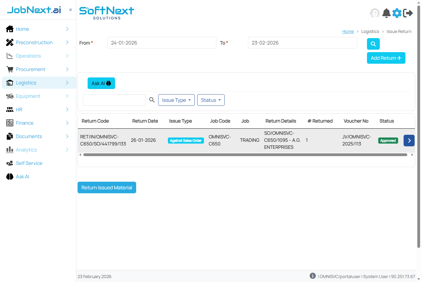 Issue Return page showing returned materials, original issue reference, quantities, and return details
