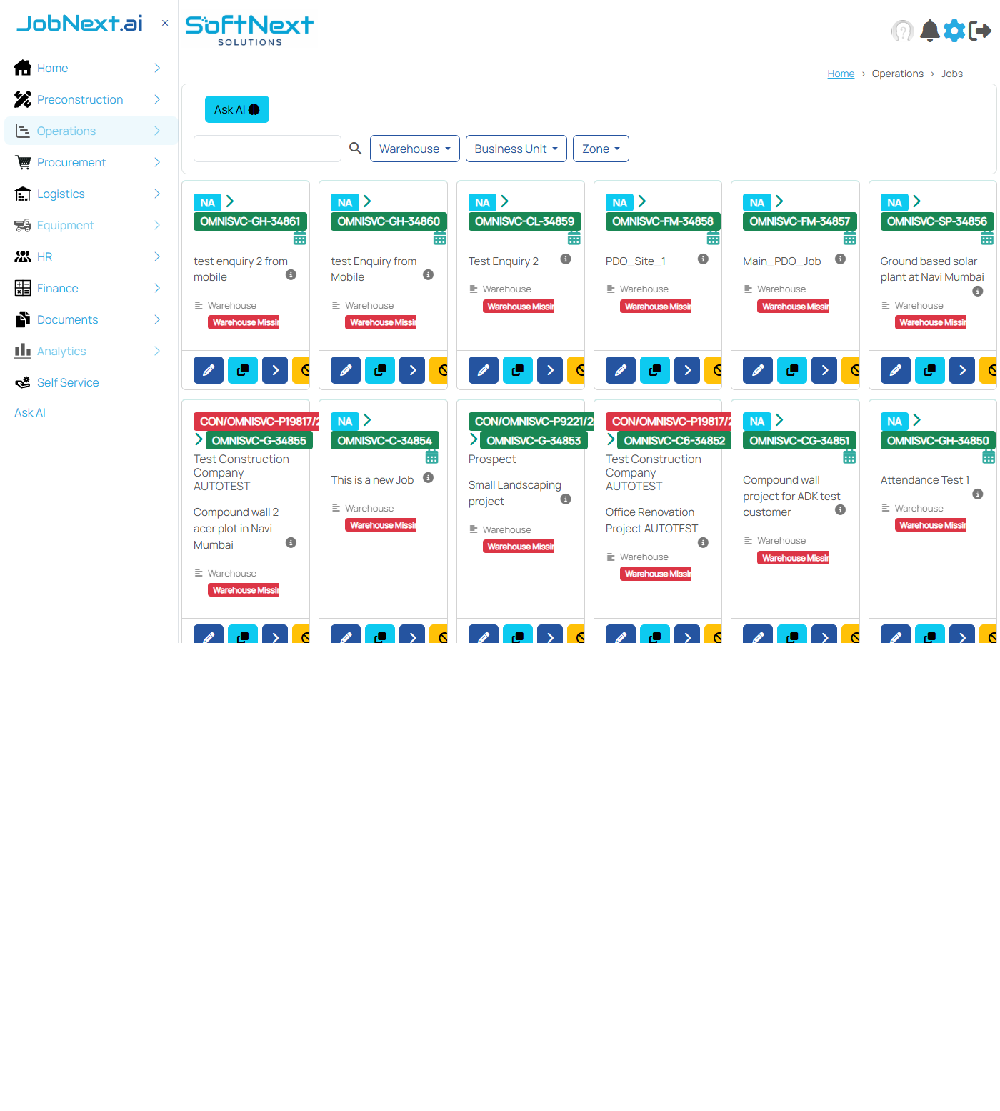JobNext Jobs list view showing a table of all projects with columns for job code, name, customer, status, and contract value