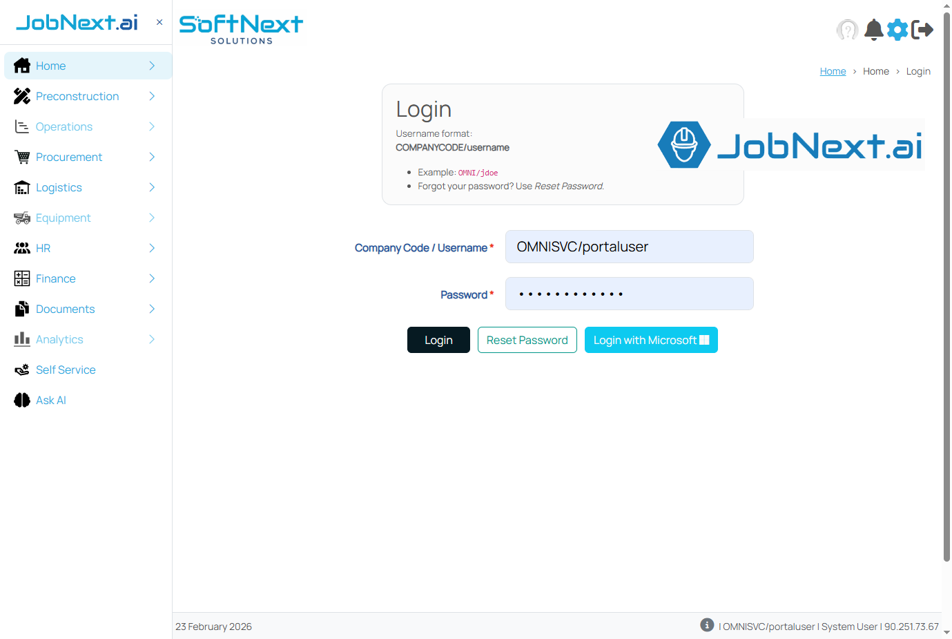 JobNext Login Screen