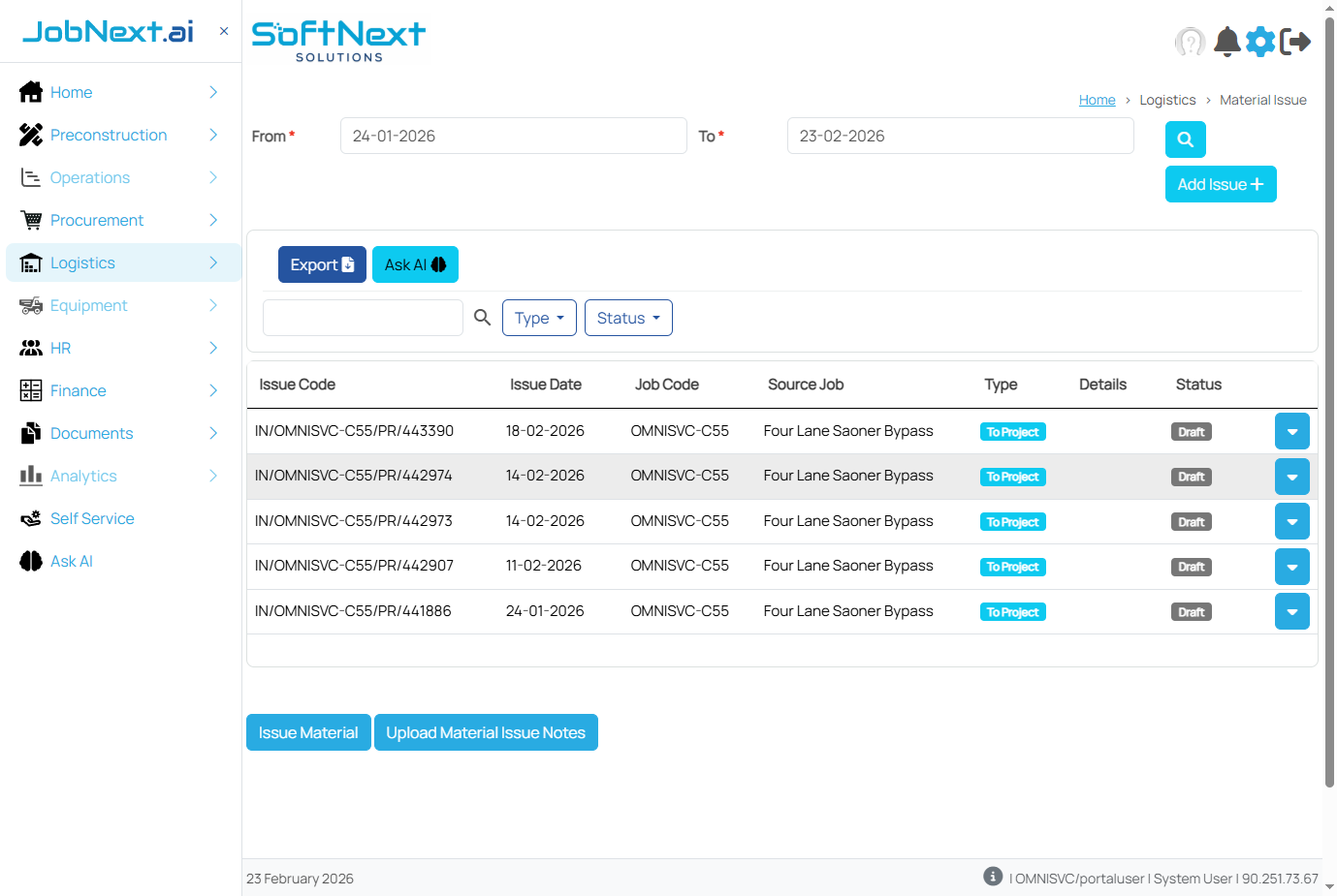 Material Issue page showing issue types, material selection, quantities, and destination details