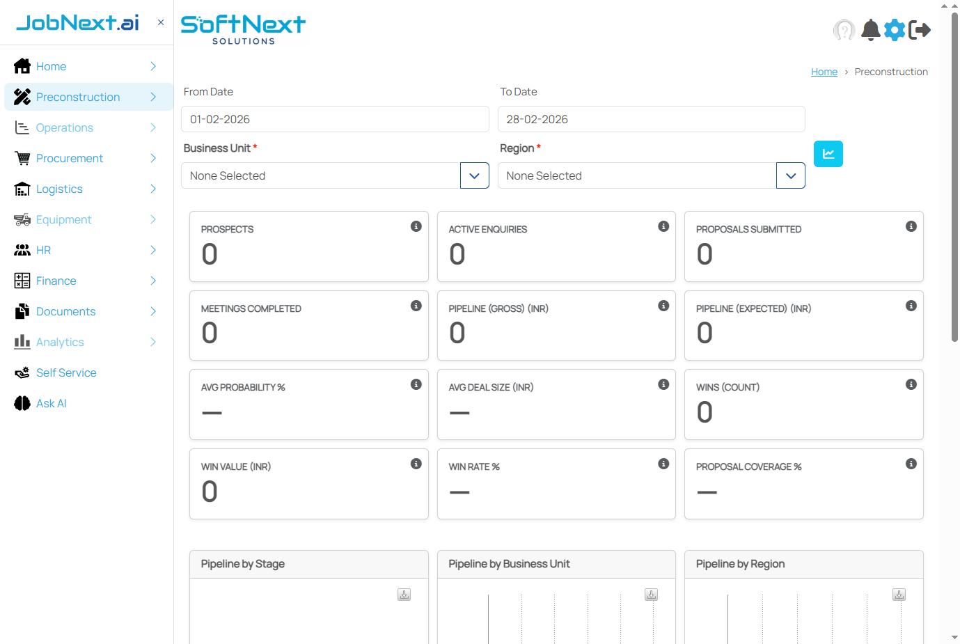 Preconstruction module with sidebar expanded showing sub-items: Bank Guarantees, Rate Schedules, Prospects, Customers, Contracts, Prequalification, and Tenders. The main area shows the Preconstruction dashboard with KPI cards and pipeline charts.