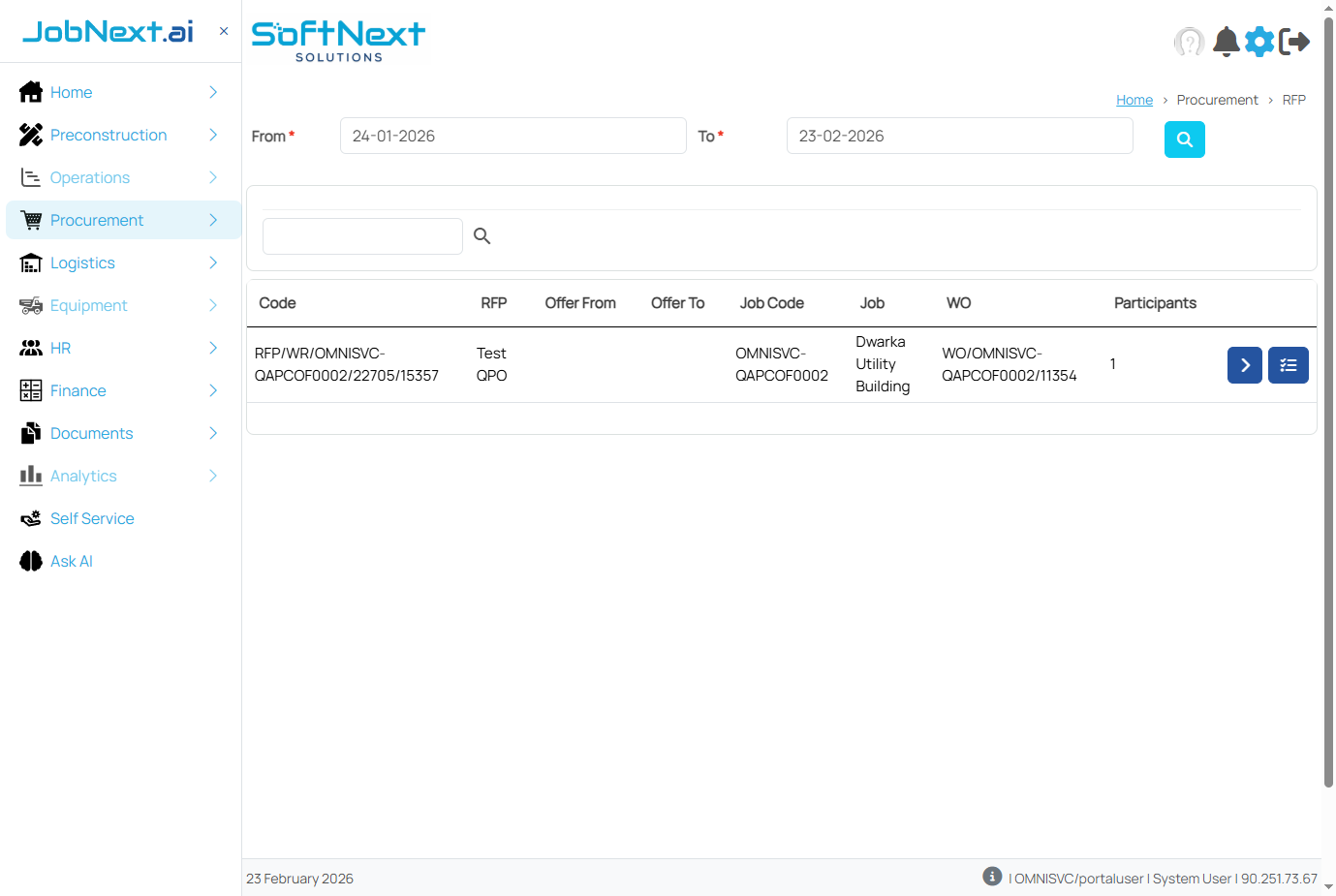 RFP listing showing proposal numbers, associated work requisitions, subcontractor responses, and evaluation status